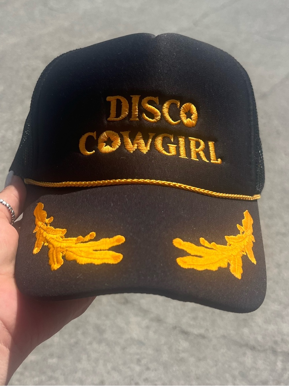 Disco Cowgirl Black & Gold Embroidered Trucker Cap